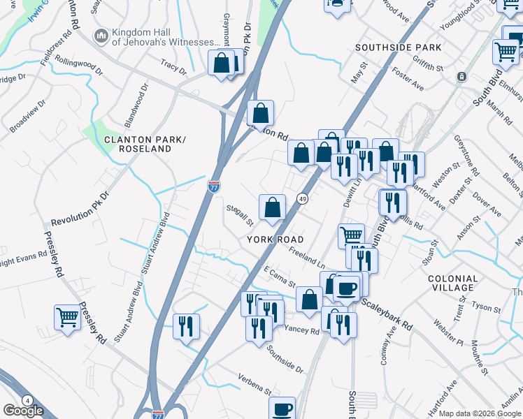 map of restaurants, bars, coffee shops, grocery stores, and more near 3912 Sarah Drive in Charlotte