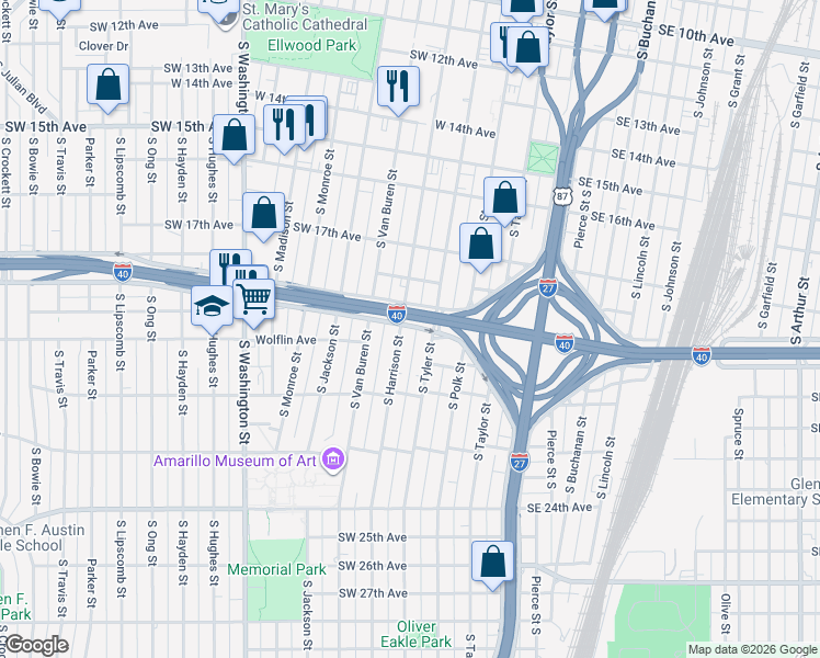 map of restaurants, bars, coffee shops, grocery stores, and more near 1905 South Harrison Street in Amarillo