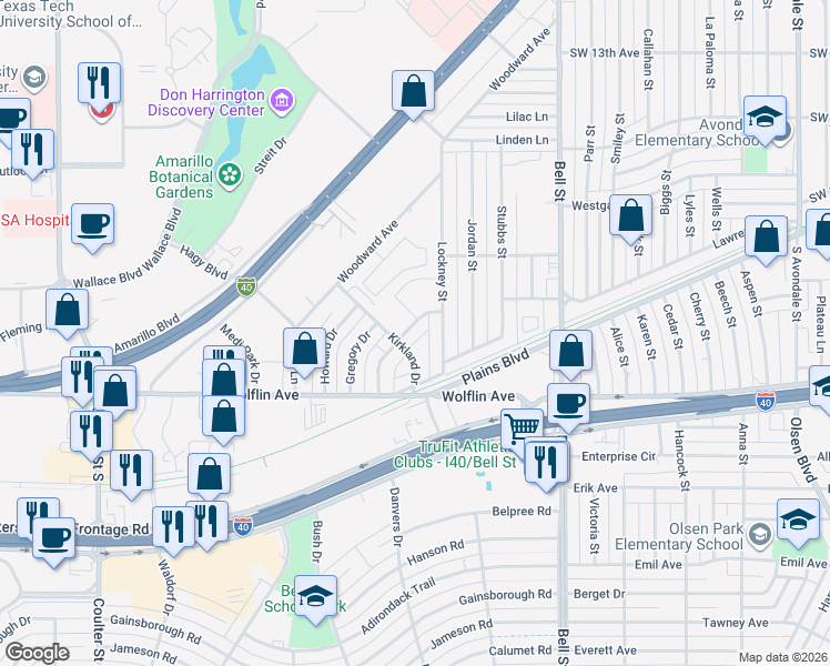 map of restaurants, bars, coffee shops, grocery stores, and more near 1821 Wisdom Drive in Amarillo