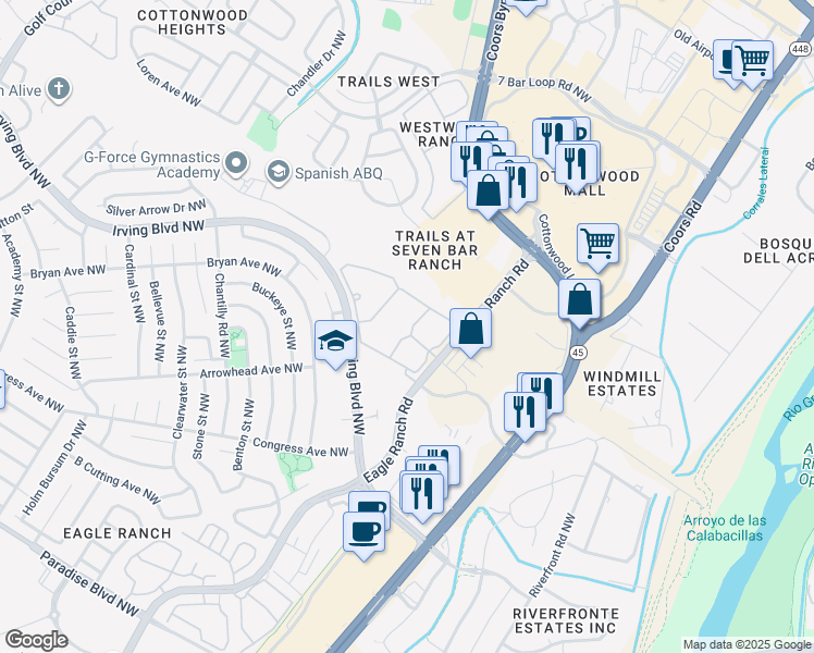 map of restaurants, bars, coffee shops, grocery stores, and more near 9669 Eagle Ranch Road in Albuquerque