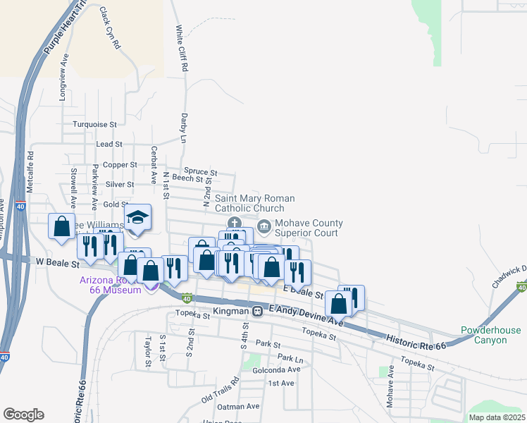 map of restaurants, bars, coffee shops, grocery stores, and more near 325 Maple St in Kingman