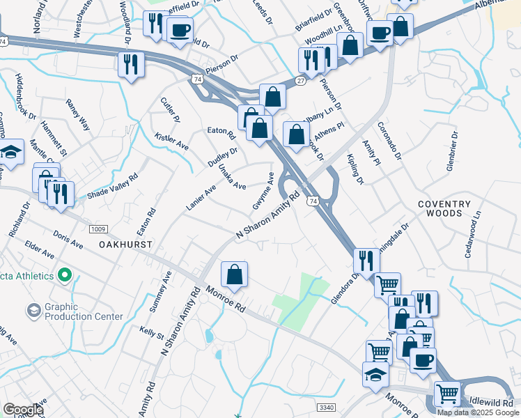 map of restaurants, bars, coffee shops, grocery stores, and more near 5457 Gwynne Avenue in Charlotte
