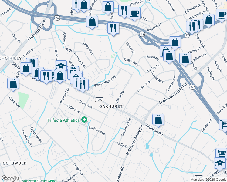 map of restaurants, bars, coffee shops, grocery stores, and more near in Charlotte