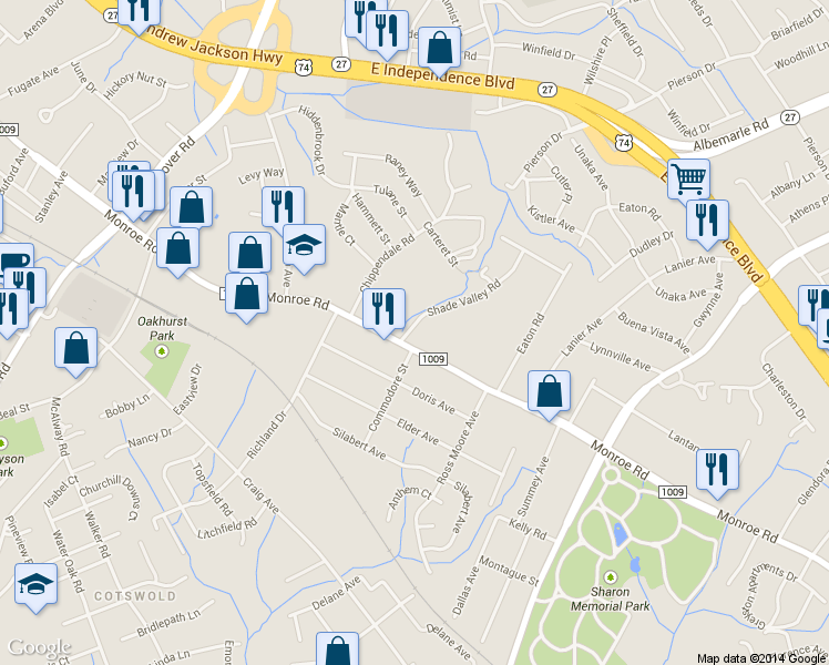 map of restaurants, bars, coffee shops, grocery stores, and more near 4833 Monroe Road in Charlotte