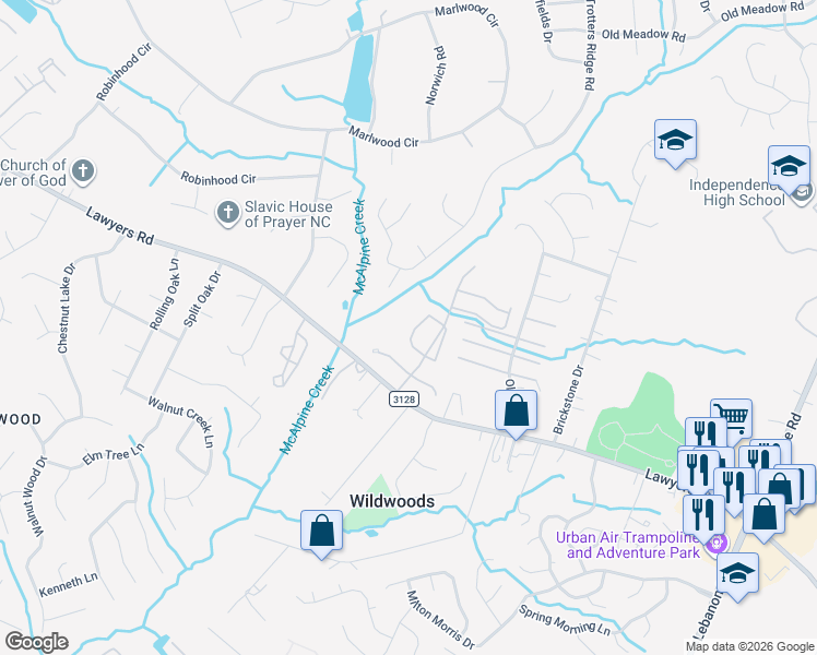 map of restaurants, bars, coffee shops, grocery stores, and more near 5502 Bent Creek Circle in Charlotte