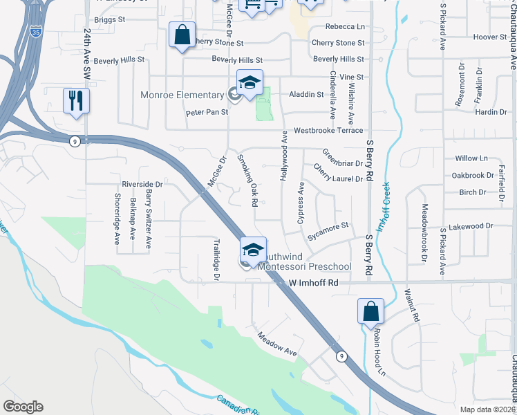 map of restaurants, bars, coffee shops, grocery stores, and more near 1716 Smoking Oak Place in Norman