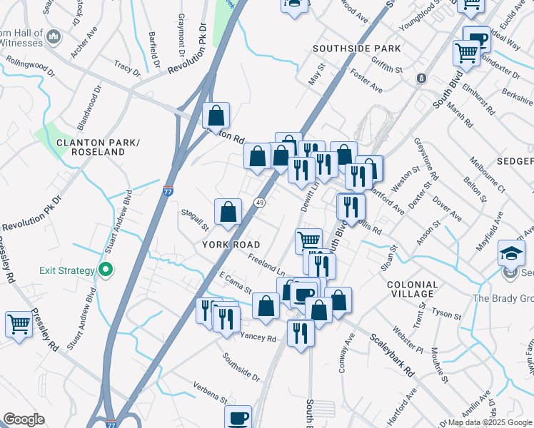 map of restaurants, bars, coffee shops, grocery stores, and more near 330 Yorkshire Drive in Charlotte