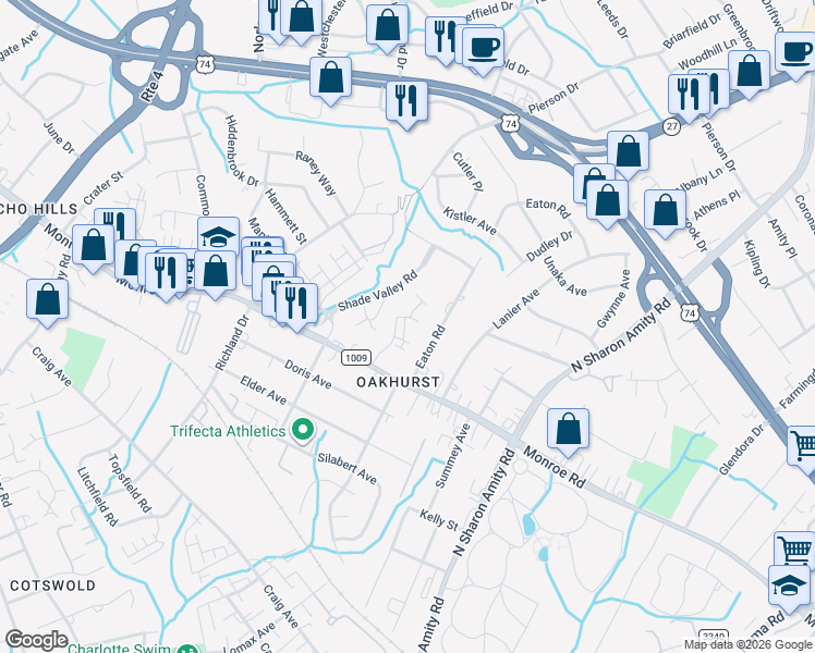 map of restaurants, bars, coffee shops, grocery stores, and more near in Charlotte