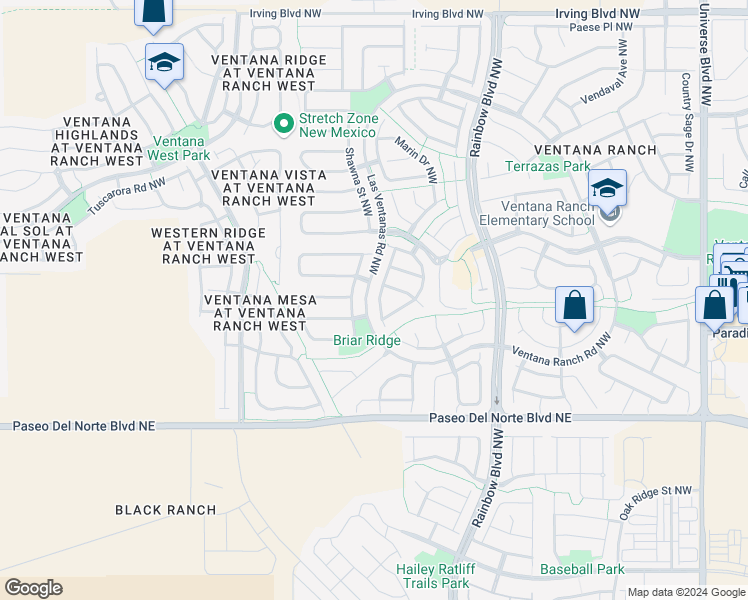 map of restaurants, bars, coffee shops, grocery stores, and more near 9911 Silverton Drive Northwest in Albuquerque