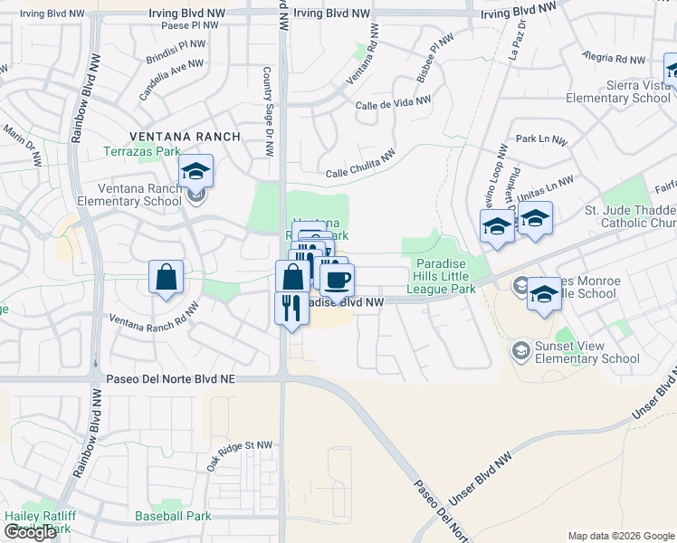 map of restaurants, bars, coffee shops, grocery stores, and more near 6501 Paradise Boulevard Northwest in Albuquerque