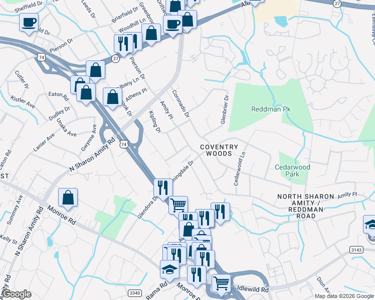map of restaurants, bars, coffee shops, grocery stores, and more near 2750 Shelley Terrace Lane in Charlotte
