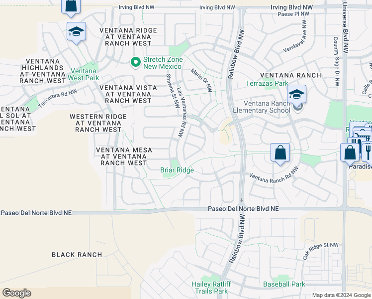 map of restaurants, bars, coffee shops, grocery stores, and more near 9912 Silverton Drive Northwest in Albuquerque