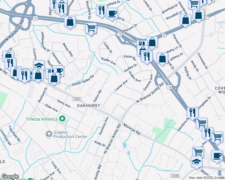 map of restaurants, bars, coffee shops, grocery stores, and more near 2109 Lanier Avenue in Charlotte