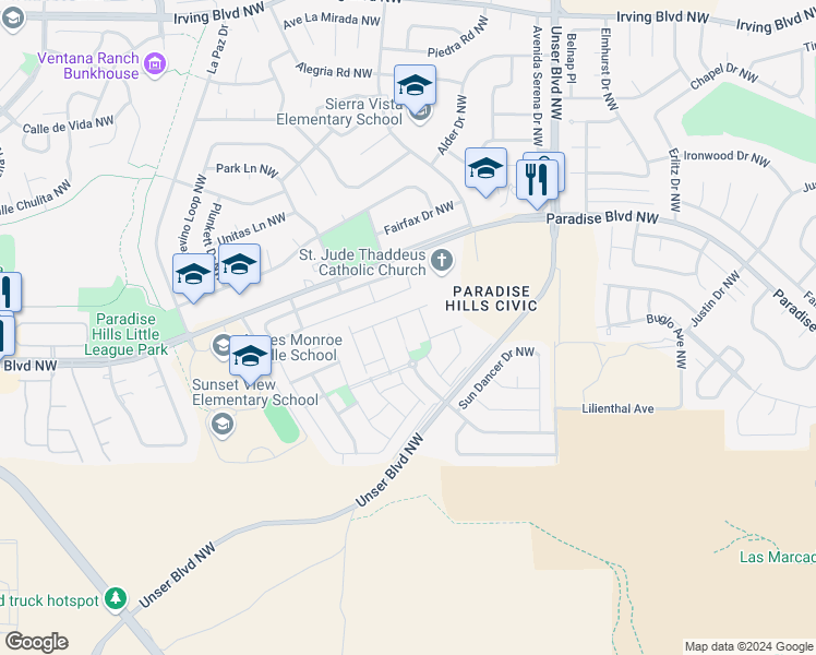 map of restaurants, bars, coffee shops, grocery stores, and more near 9632 Slick Rock Court Northwest in Albuquerque