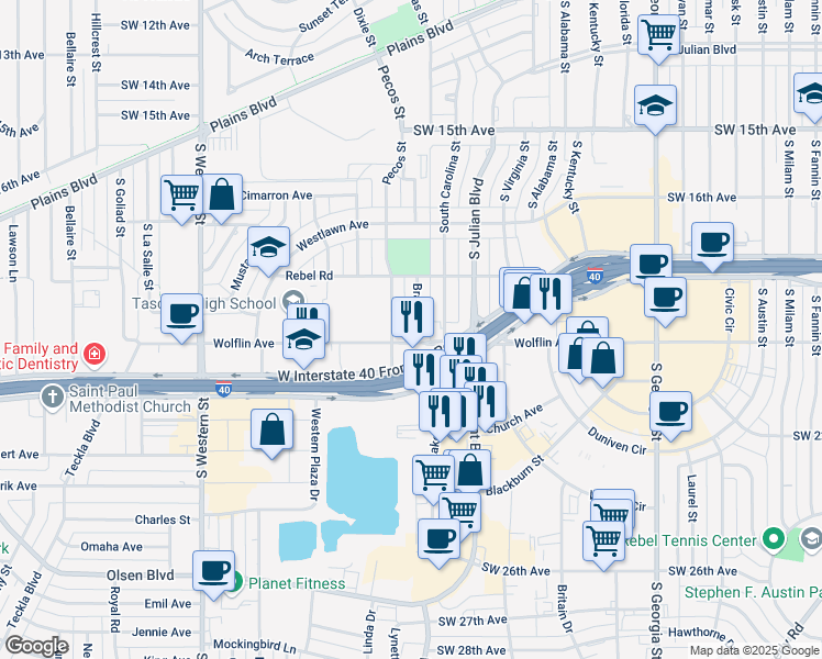 map of restaurants, bars, coffee shops, grocery stores, and more near 1919 Brazos St in Amarillo