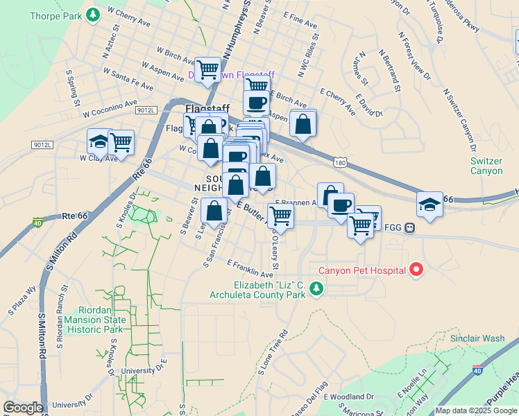 map of restaurants, bars, coffee shops, grocery stores, and more near 203 East Brannen Avenue in Flagstaff