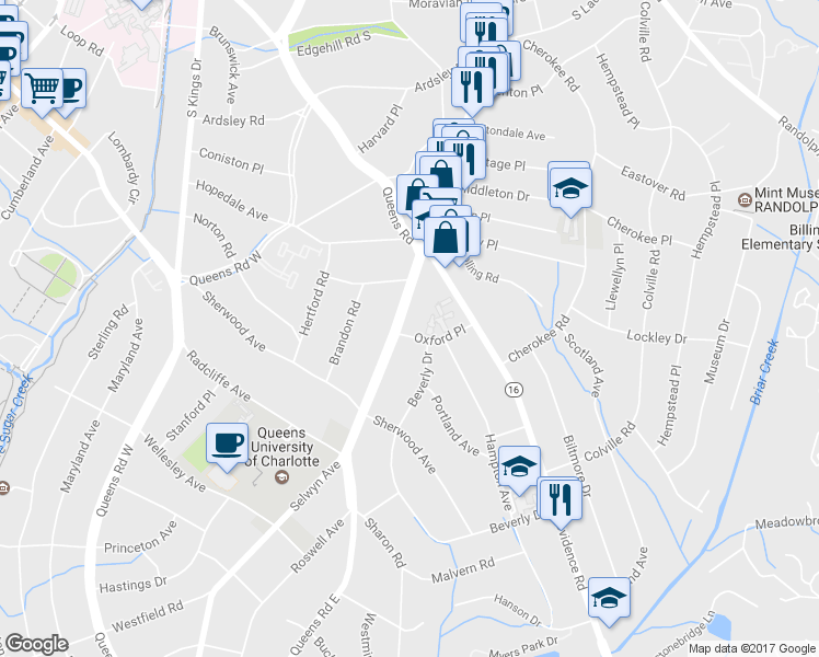 map of restaurants, bars, coffee shops, grocery stores, and more near 1543 Queens Road in Charlotte