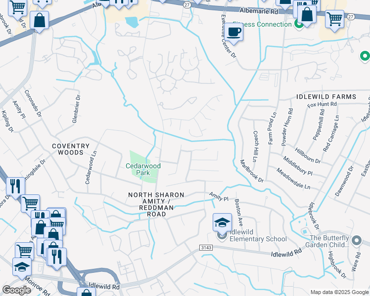 map of restaurants, bars, coffee shops, grocery stores, and more near 6413 Piney Path Road in Charlotte