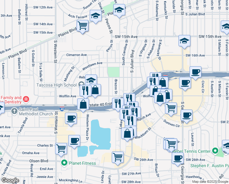 map of restaurants, bars, coffee shops, grocery stores, and more near 1919 Brazos St in Amarillo