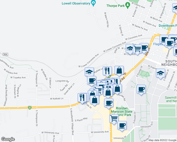map of restaurants, bars, coffee shops, grocery stores, and more near 50 West Kaibab Lane in Flagstaff