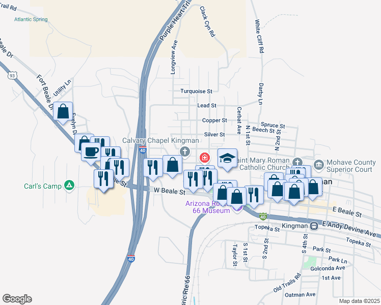 map of restaurants, bars, coffee shops, grocery stores, and more near 510 Gold Street in Kingman