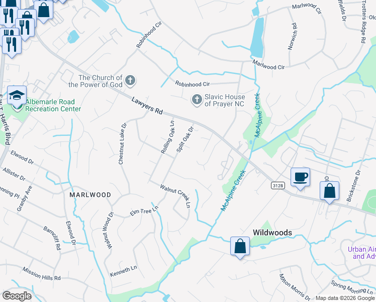 map of restaurants, bars, coffee shops, grocery stores, and more near 8006 Fern Glen Court in Charlotte