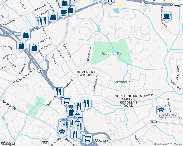 map of restaurants, bars, coffee shops, grocery stores, and more near 5004 Vescova Court in Charlotte