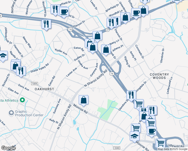 map of restaurants, bars, coffee shops, grocery stores, and more near 5457 Gwynne Avenue in Charlotte