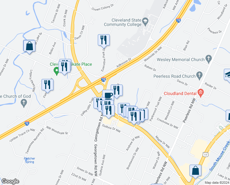 map of restaurants, bars, coffee shops, grocery stores, and more near 2620 Westside Drive Northwest in Cleveland