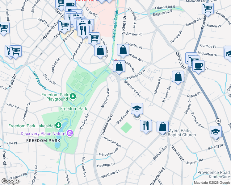 map of restaurants, bars, coffee shops, grocery stores, and more near 1429 Maryland Avenue in Charlotte