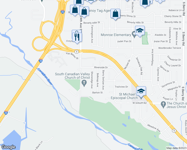 map of restaurants, bars, coffee shops, grocery stores, and more near 2615 Shoreridge Avenue in Norman