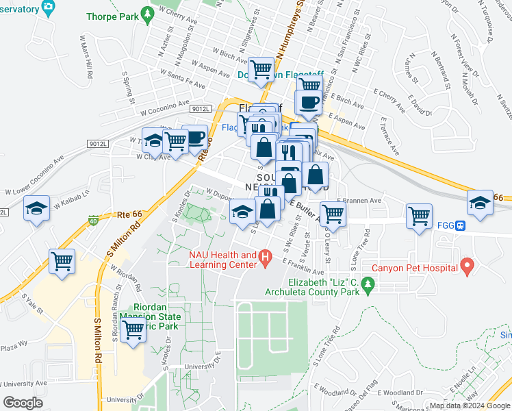 map of restaurants, bars, coffee shops, grocery stores, and more near 12 West Dupont Avenue in Flagstaff