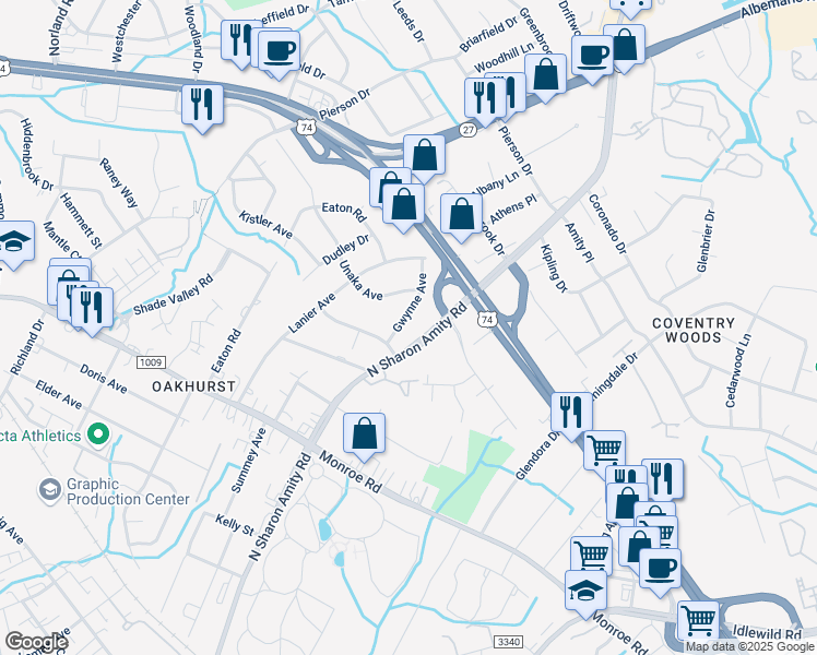 map of restaurants, bars, coffee shops, grocery stores, and more near 5457 Gwynne Avenue in Charlotte