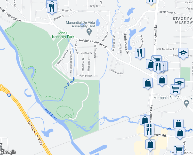 map of restaurants, bars, coffee shops, grocery stores, and more near 4753 Fairlane Drive in Memphis