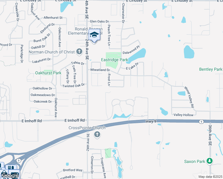 map of restaurants, bars, coffee shops, grocery stores, and more near 2708 Frost Lane in Norman