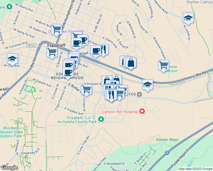 map of restaurants, bars, coffee shops, grocery stores, and more near 211 South Gabel Street in Flagstaff