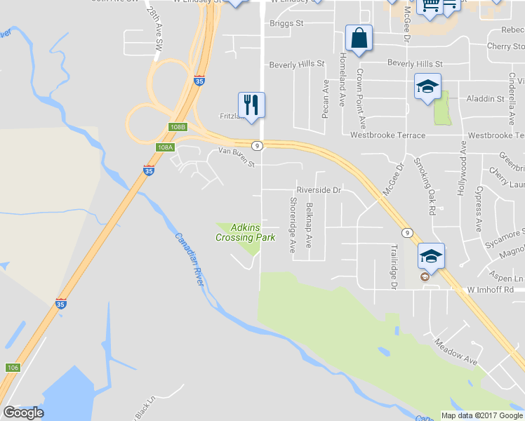 map of restaurants, bars, coffee shops, grocery stores, and more near 2033 24th Avenue Southwest in Norman