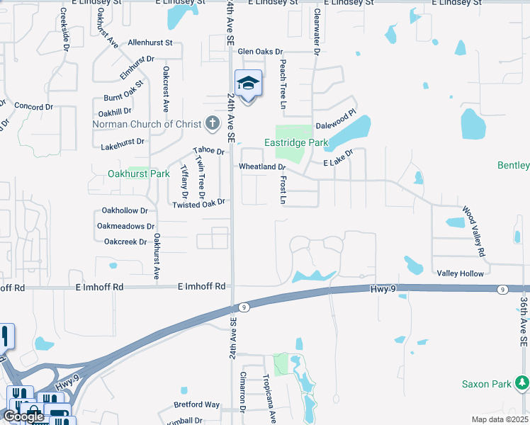map of restaurants, bars, coffee shops, grocery stores, and more near 2510 Leeds Lane in Norman