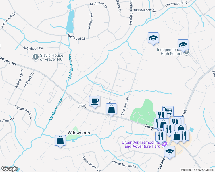 map of restaurants, bars, coffee shops, grocery stores, and more near 8745 Wandering Creek Way in Charlotte