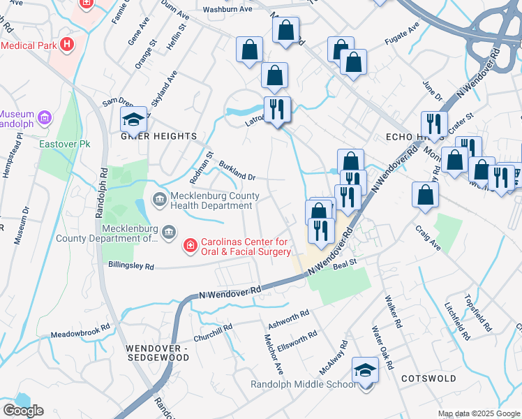 map of restaurants, bars, coffee shops, grocery stores, and more near 3535 Jonquil Street in Charlotte