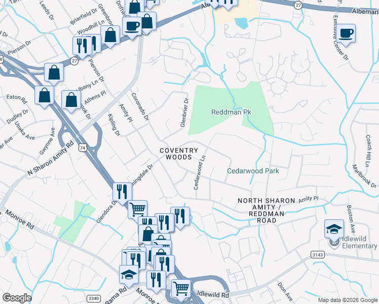 map of restaurants, bars, coffee shops, grocery stores, and more near 5004 Vescova Court in Charlotte
