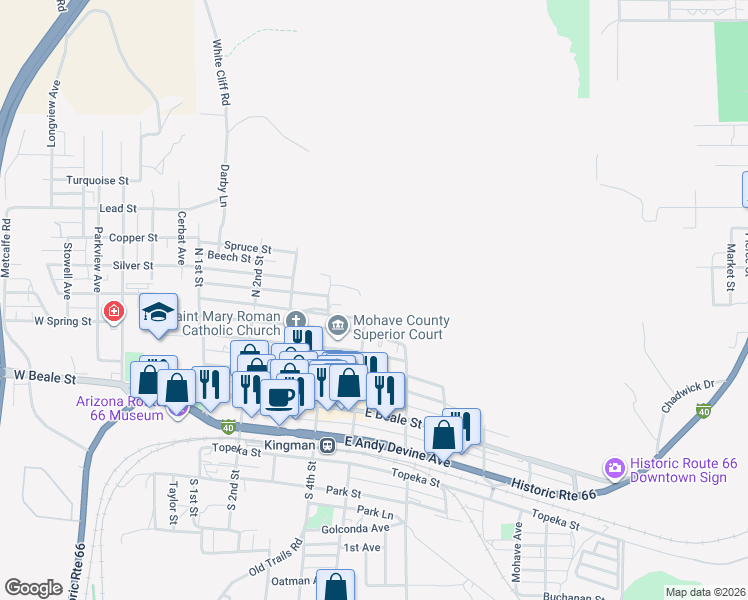 map of restaurants, bars, coffee shops, grocery stores, and more near 500 Maple Street in Kingman