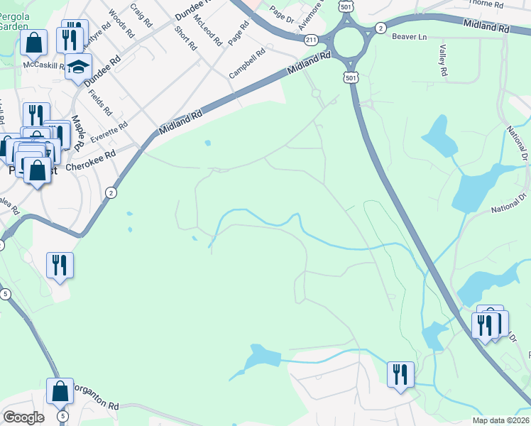 map of restaurants, bars, coffee shops, grocery stores, and more near 215 Inverrary Road in Pinehurst