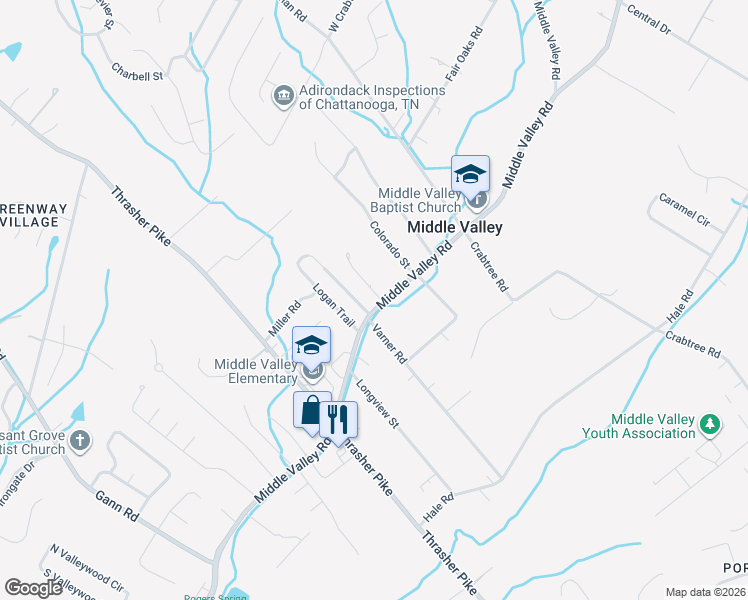 map of restaurants, bars, coffee shops, grocery stores, and more near 1701 Varner Road in Middle Valley