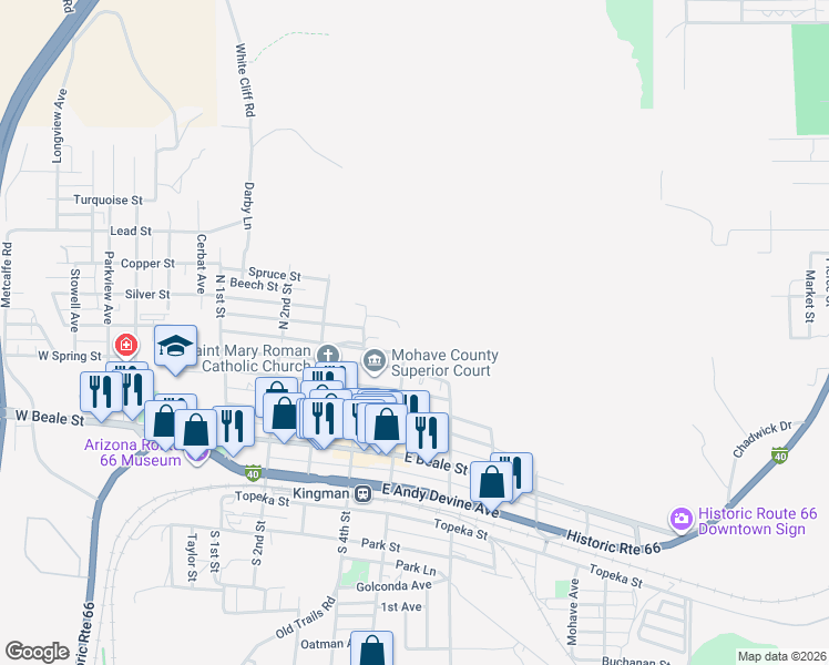 map of restaurants, bars, coffee shops, grocery stores, and more near 500 Maple Street in Kingman