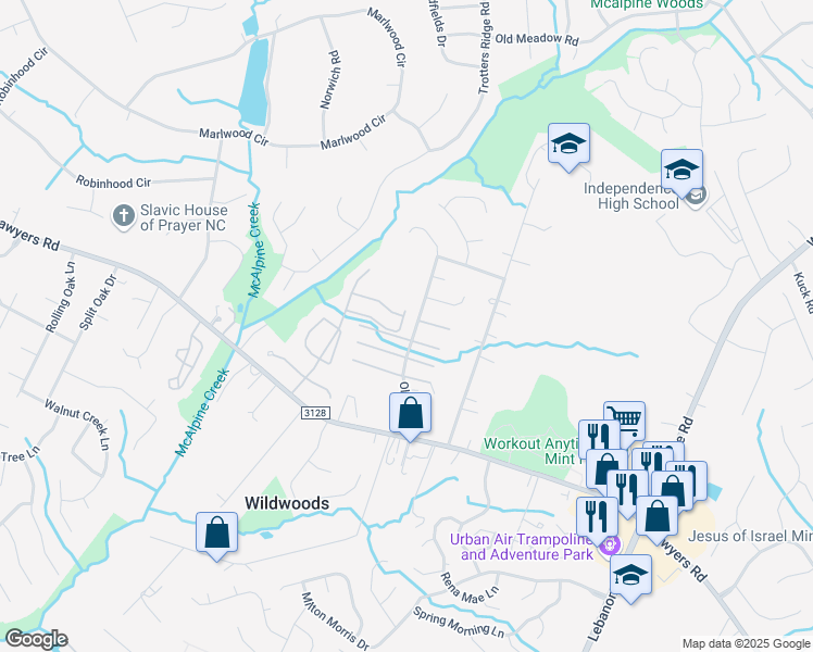 map of restaurants, bars, coffee shops, grocery stores, and more near 8820 Wandering Creek Way in Charlotte