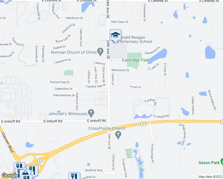 map of restaurants, bars, coffee shops, grocery stores, and more near 2400 Leeds Lane in Norman