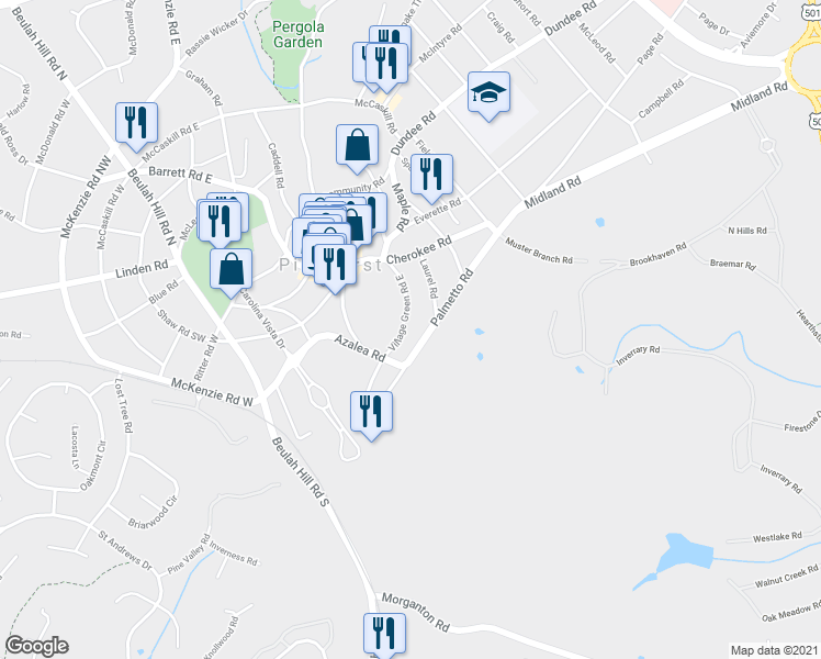 map of restaurants, bars, coffee shops, grocery stores, and more near 50 Village Green Road East in Pinehurst