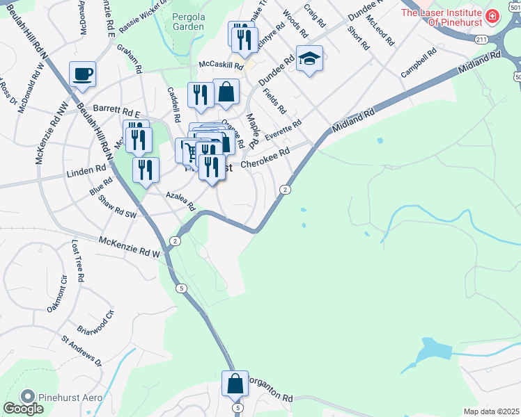 map of restaurants, bars, coffee shops, grocery stores, and more near 50 Village Green Road East in Pinehurst