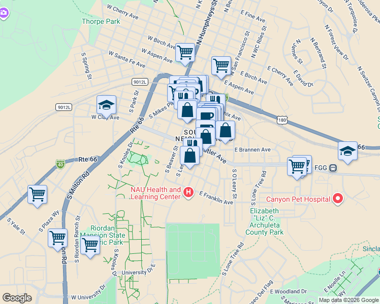 map of restaurants, bars, coffee shops, grocery stores, and more near 324 South Leroux Street in Flagstaff